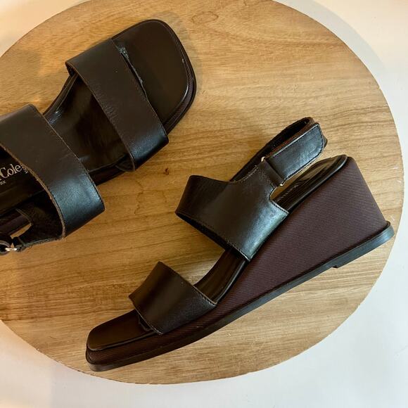 Vintage Made Italy Kenneth Cole Brown Square Toe Leather Wedge Sandals Size 7 - Picture 1 of 13